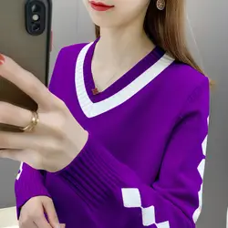 ストライプチェックの女性用Vネックセーター,ゆったりとした韓国セーター,婦人服,秋冬,ファッショナブル,2023