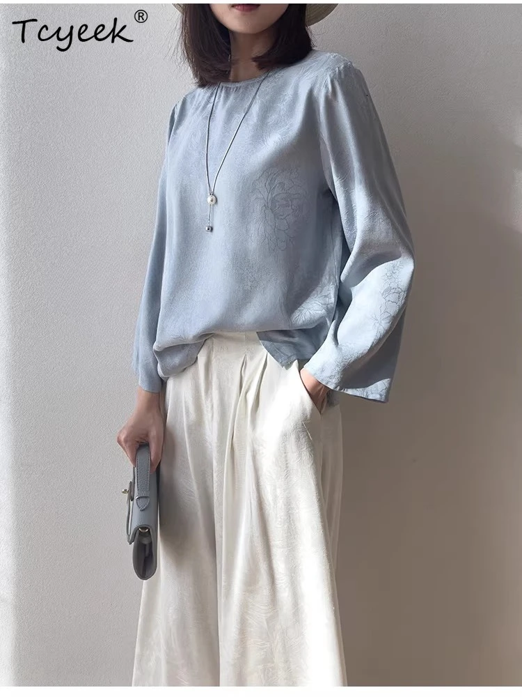 

AYUNSUE 30Mm 100% Mulberry Silk Womens Tops Elegant Blouses for Women 2026 Spring Summer Clothes Long Sleeve Top Blusas Mujer