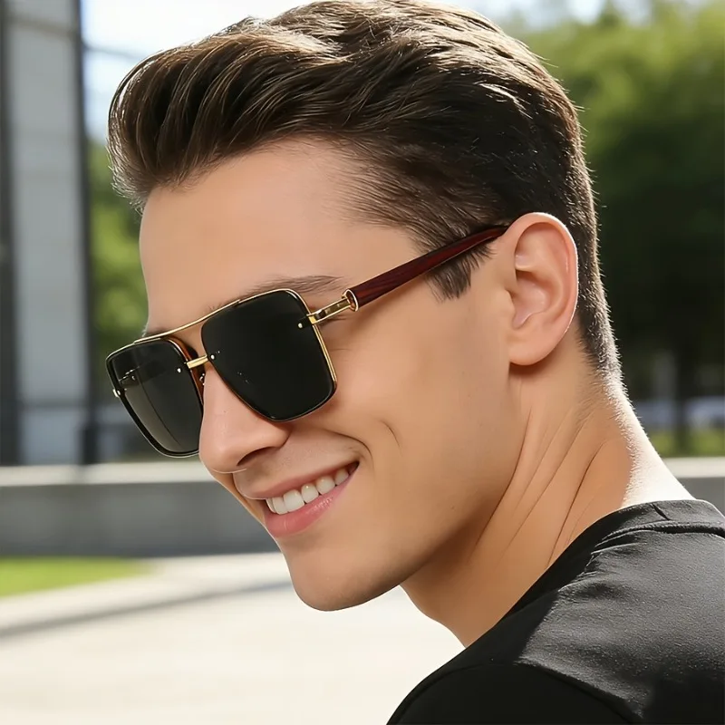 1 Stück Herren-Brille mit quadratischem Doppelsteg, Retro-Holzmaserung-Bügel, Neutraler Luxus-Stil