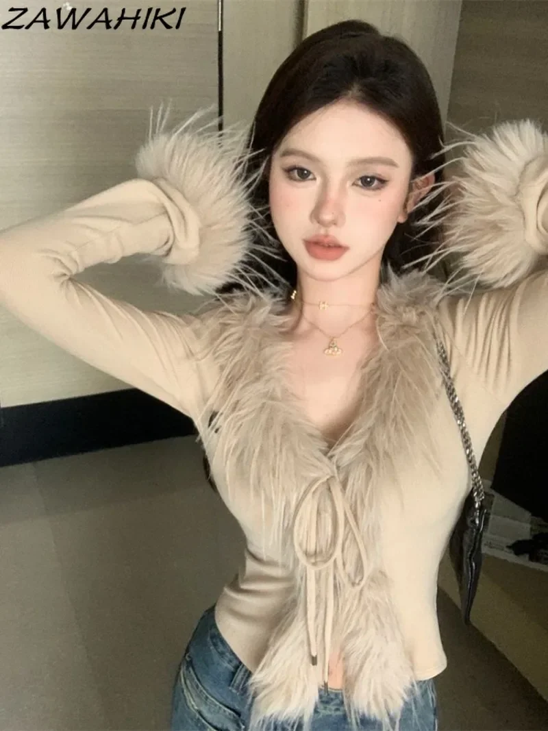 T Shirt Women Fall Winter Faux Furry Solid Color Soft Knitted V-neck Bandage Cardigan Long Sleeve Y2K Designed Vintage Aesthetic