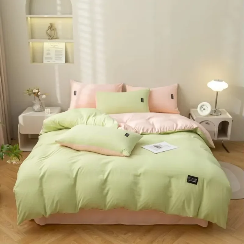 Washed cotton and linen single duvet cover,contrasting color double splicing four piece set, suitable for sleeping naked