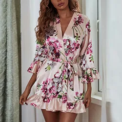 Silk Kimono Robe Womens Sleepwear Satin Silk Robes Nightdress Sexy Floral Printed Nightwear Cropped Ruffle Long Sleeves Robe