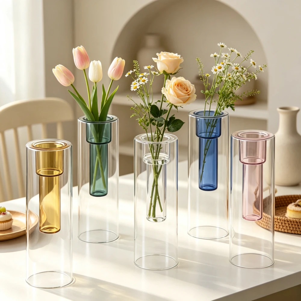 Double‑Layer Colored Glass Vase Clear Cylinder Flower Vase Hydroponic Plant Container for Home Office Desktop Decor