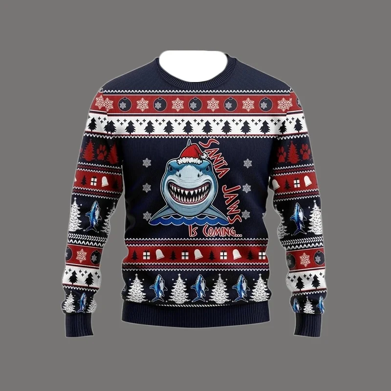 Funny Shark Graphic Ugly Christmas Sweater Cute Cartoon Sharks Xmas Sweatshirts Fashion Mens Tracksuit Loose Kids Pullovers New