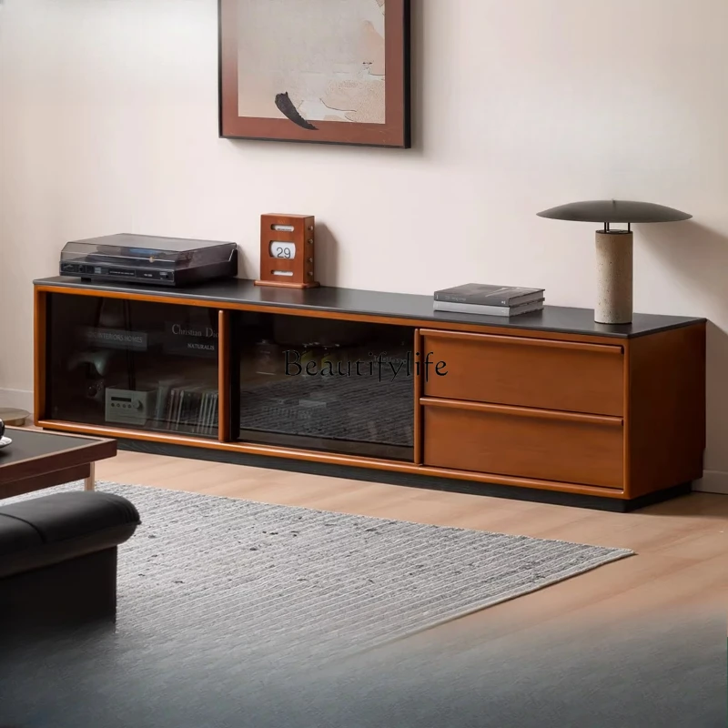 

**Solid wood TV cabinet, antique household small apartment in the living room, floor-to-ceiling rock slab TV cabinet