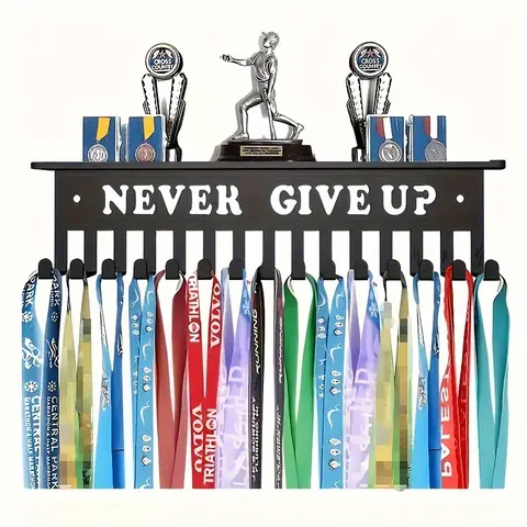 NEVER GIVE UP" Inspirational Medal Display Rack - Easy-Install Wall Mounted Metal Organizer for Sports Medals & Keys