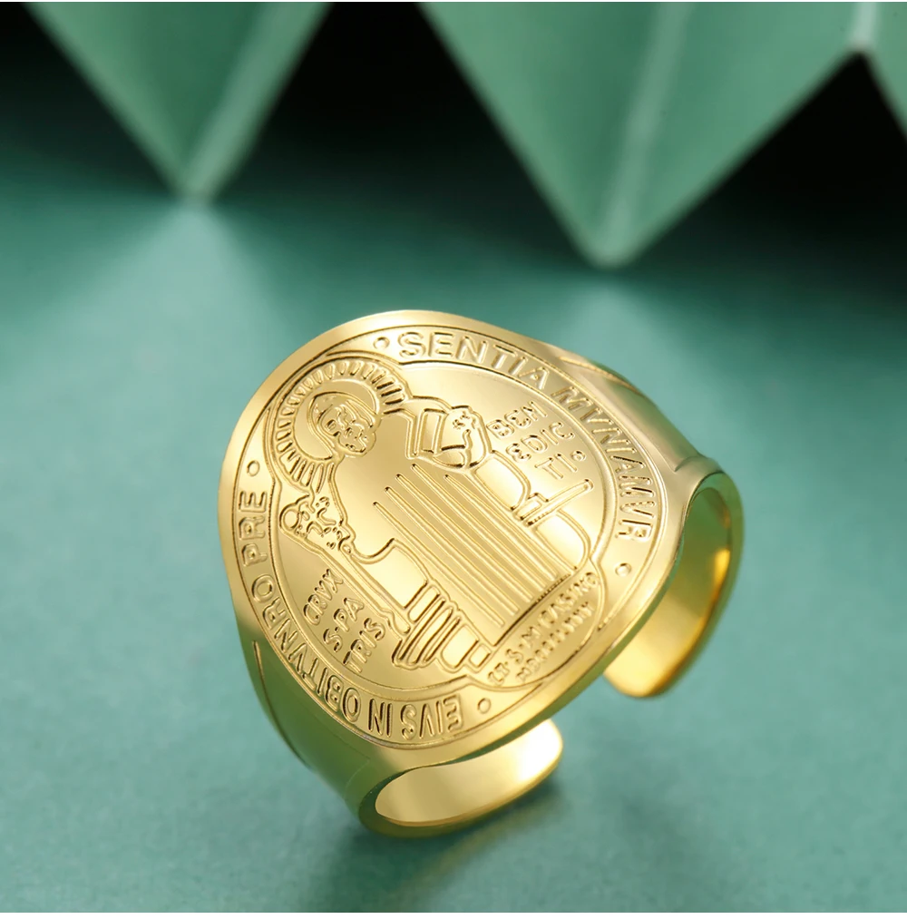 COOLTIME Saint Benedict Medaille Herren Ring Edelstahl Sentia Katholisches Medaillon Fingerring Amulett Schmuck Geschenk – Detail 9