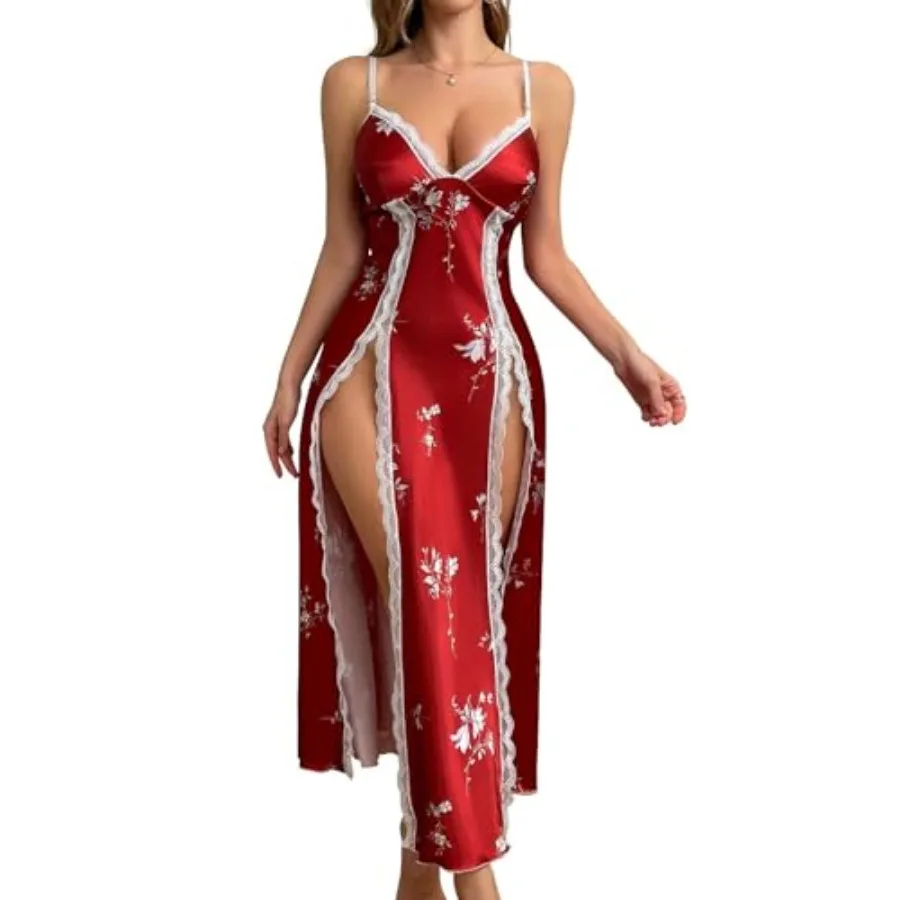 

CRIPOM Silk Lingerie Dress for Women Long Sexy Nightgowns for Women Lace Chemise with Thong 2 Pcs S-XXL