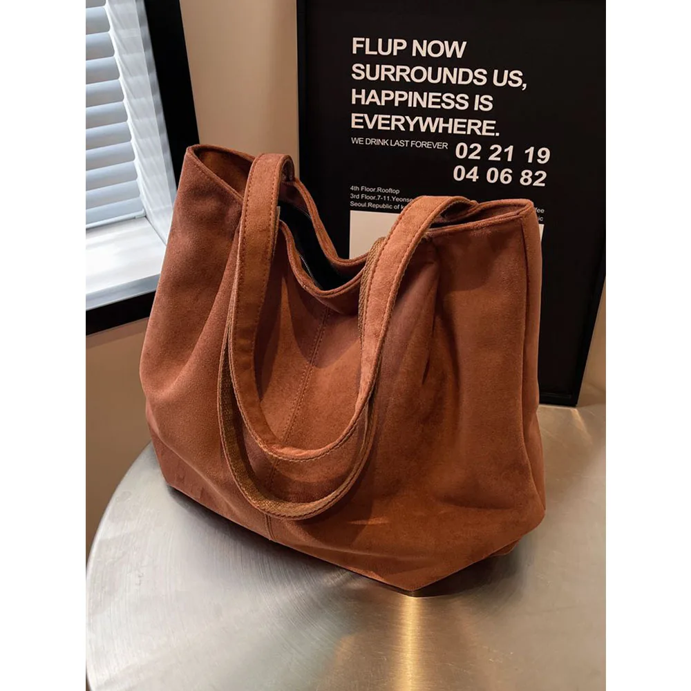 Korean Fashion Women Faux Suede Tote Bag Solid Large Capacity Female School Shoulder Bags Lady Casual Simple Commute Handbag