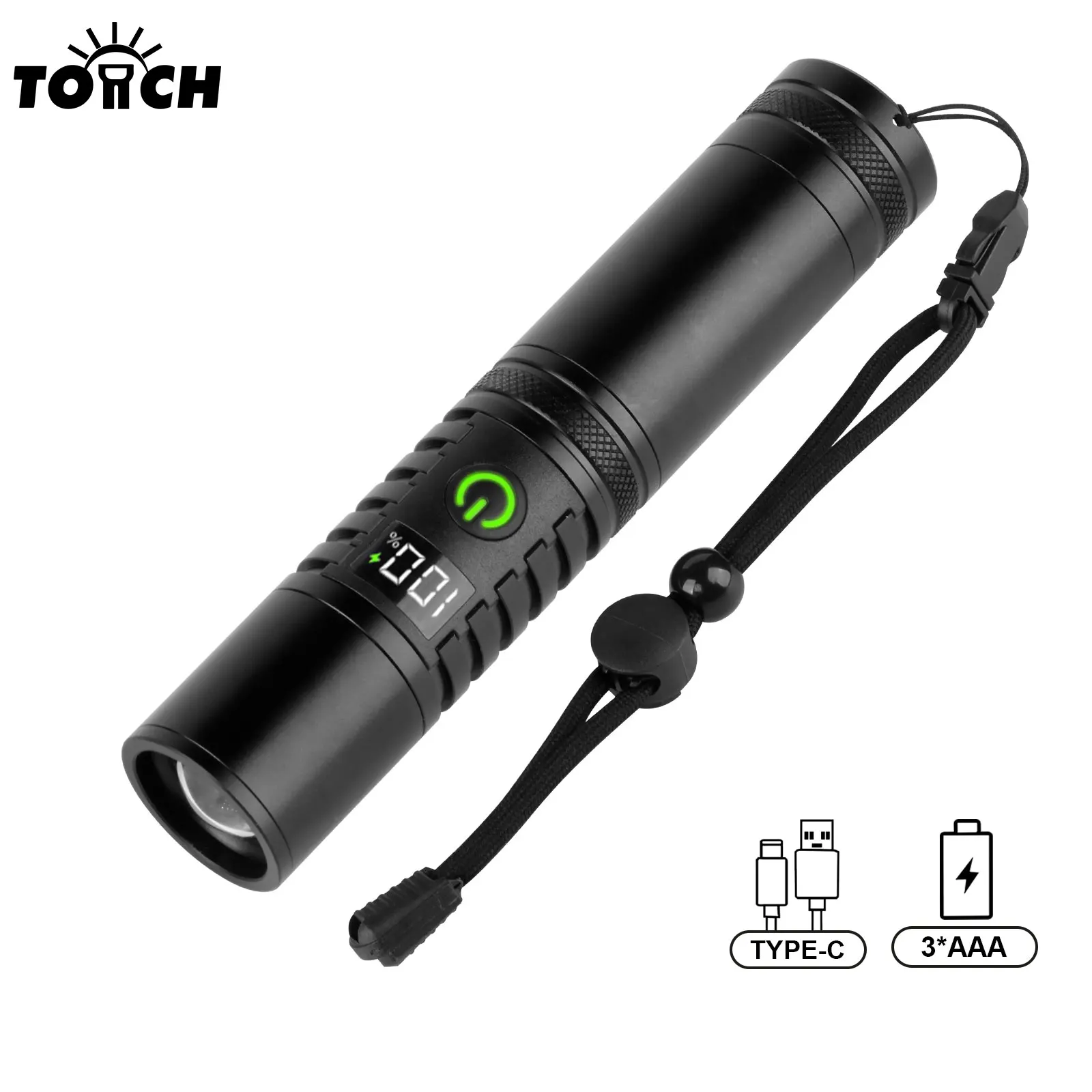 USB Rechargeable LED Flashlight, Battery level display Torch, Super Bright Lamp Zoomable for Emergencies Camping Hiking Hunting