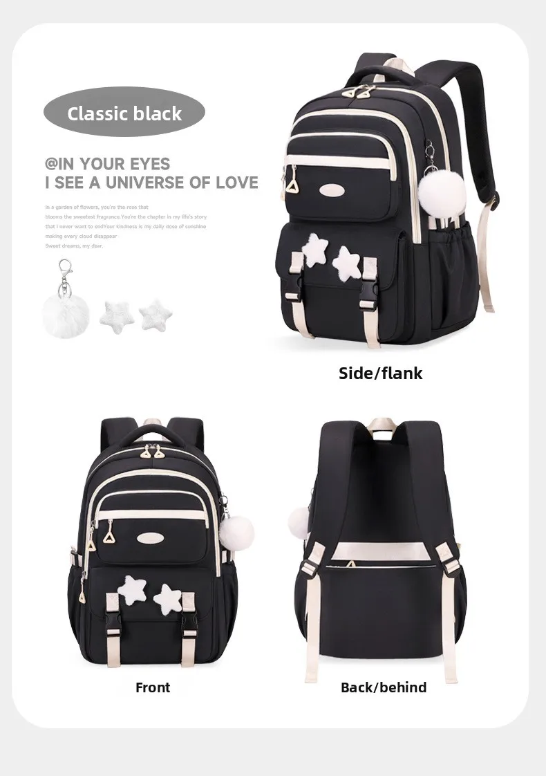 Primary Middle School Backpack for Girls Cute Backpack for School Pink School Bag for Teen Girls with Star Pins Furry Pendant