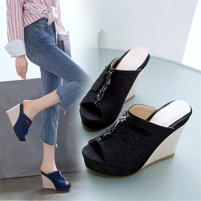 Plus size feminino plataforma chinelos preto azul denim salto alto cunha mules casual festa clube senhoras verão praia peep toe slides