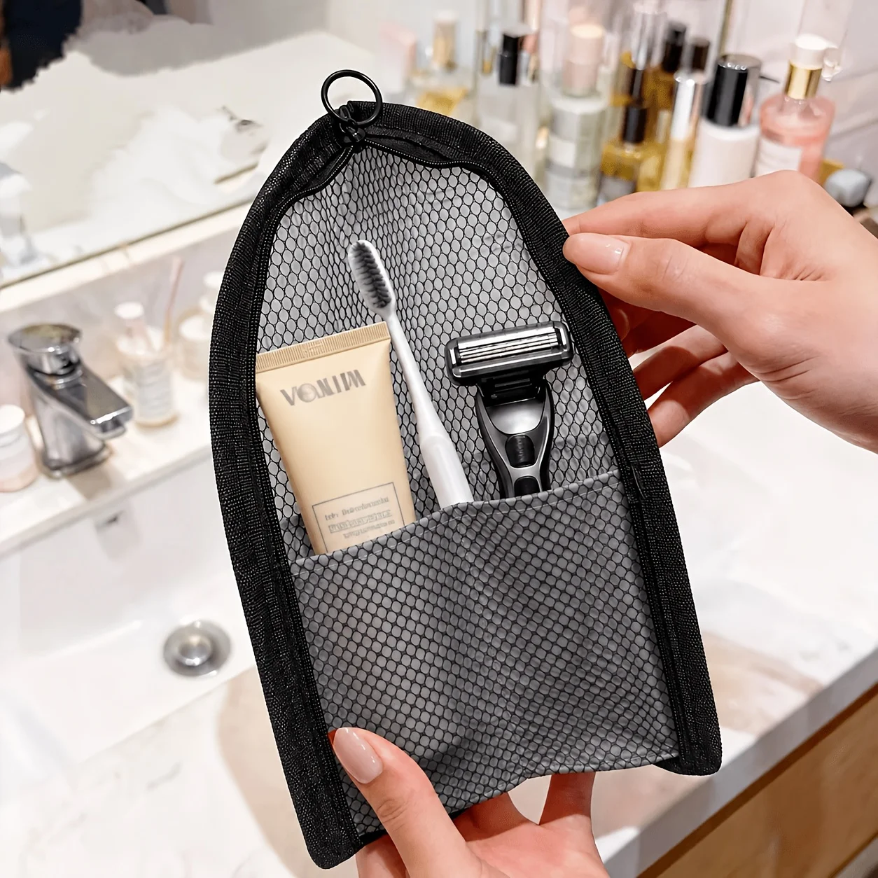 Portable Mesh Toiletry Bag, Small Travel Toothbrush Storage Case, Multifunctional Makeup Brush Storage Bag, Cosmetic Travel Storage Bag