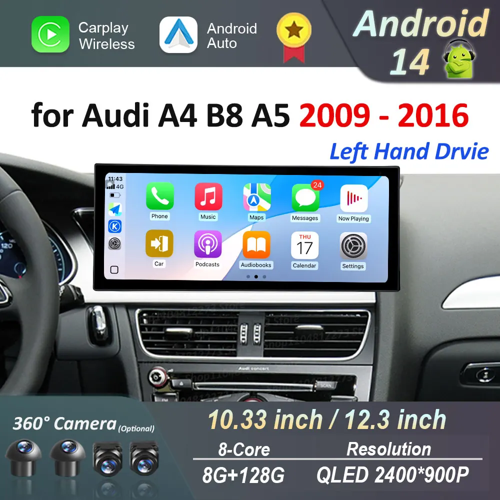 Left Hand Drvie for Audi A4 B8 A5 2009 - 2016 Car Radio Video Player Android 14 Carplay Navigation GPS 4G HD Touch Screen