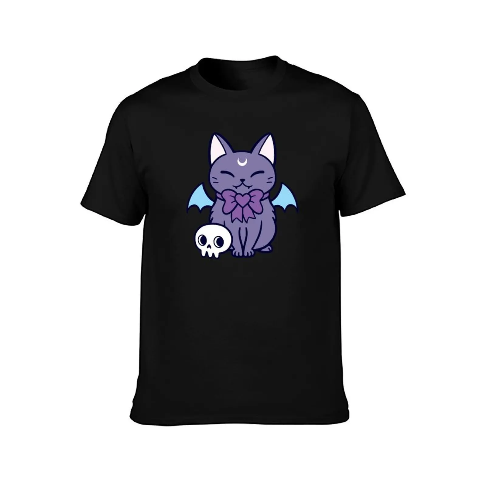 Black Bat Kitten 02 | Nikury T-Shirt, Summer Casual Cotton Tee, Oversized Streetwear Tops, Vintage Graphic Print, 100% Cotton