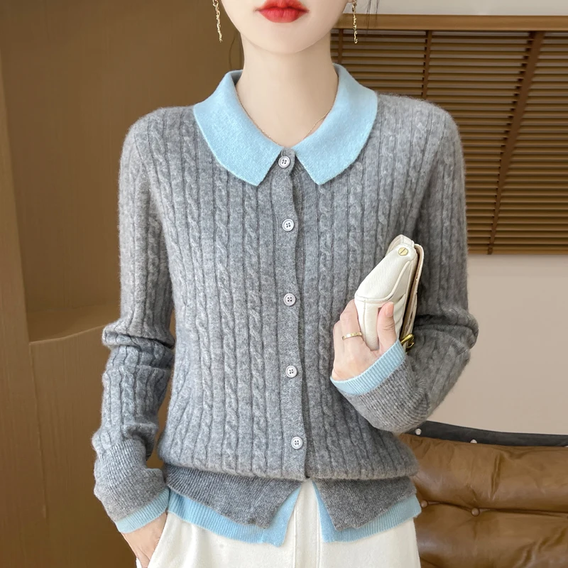 Colletto POLO da donna 100% lana merino Cardigan AutunnoInverno a maniche lunghe Color block Elegante giacca in maglia di alta qualità Top maglione