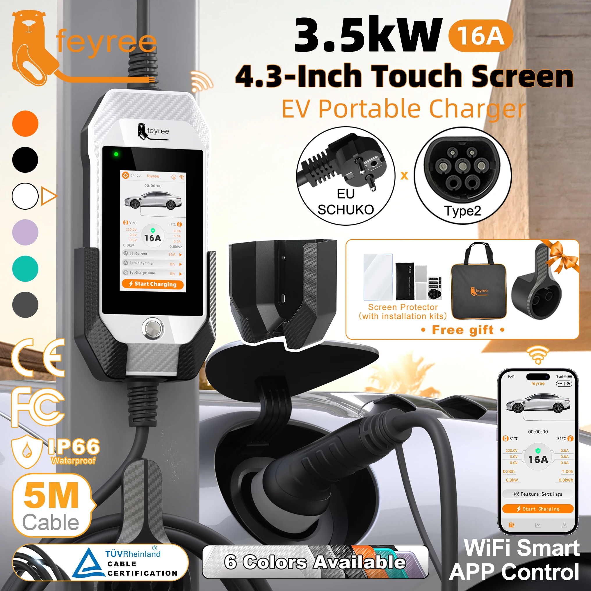 Feyree , WiFi APP Control,3.5kW 16A Type 2 | 4.3' Touchscreen Charge History | 5M Cable for Electric Vehicle Portable EV Charger