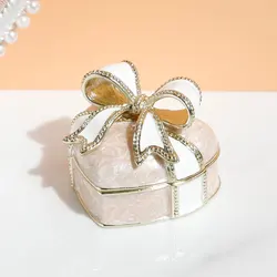Cajas de baratijas Vintage con forma de corazón, caja de soporte de anillo de joyería de corazón esmaltado, decoración de nudo de arco coleccionable con bisagras