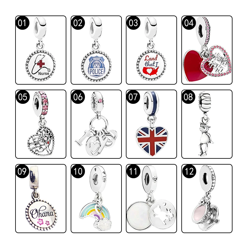 925 Silver Pendants Charms For Women Bracelets DIY Nurse Police Happiness Tree Rainbow Love Hearts Britain Flags Monkey Tea Cup