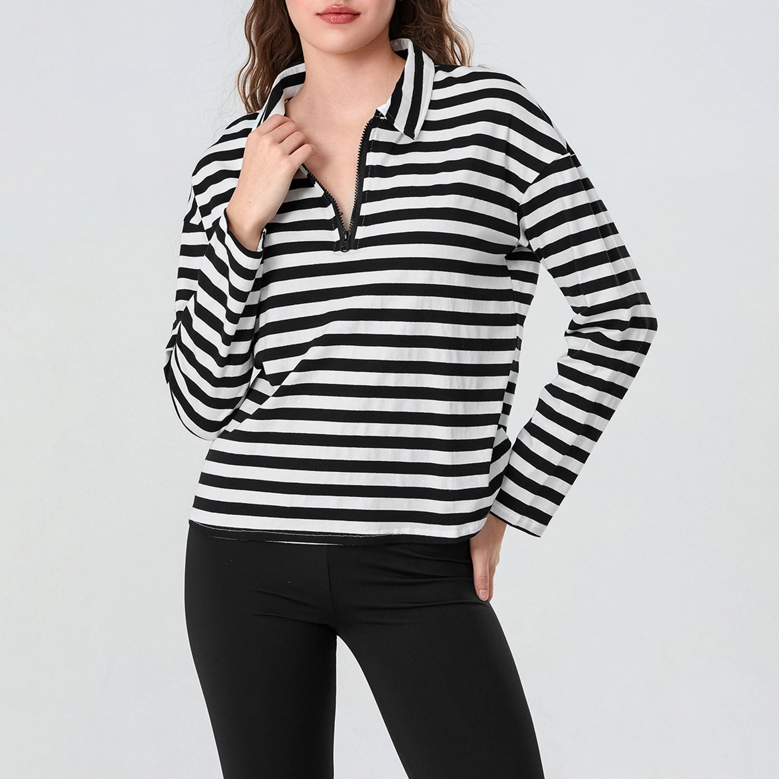 Women's Spring Fall Striped Sweatshirt Contrast Color Long Sleeve Lapel Neck Zip-up Casual Pullover Tops