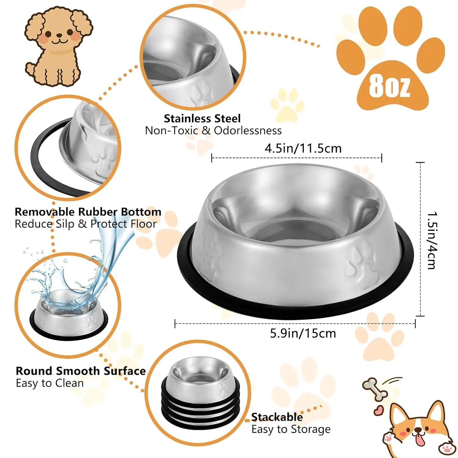 Stainless Steel Pet Bowl 4 Pack, Non-Slip Rubber Base Feeding Dish for Cat & Dog Food Water, Indoor Small Animal, Customized