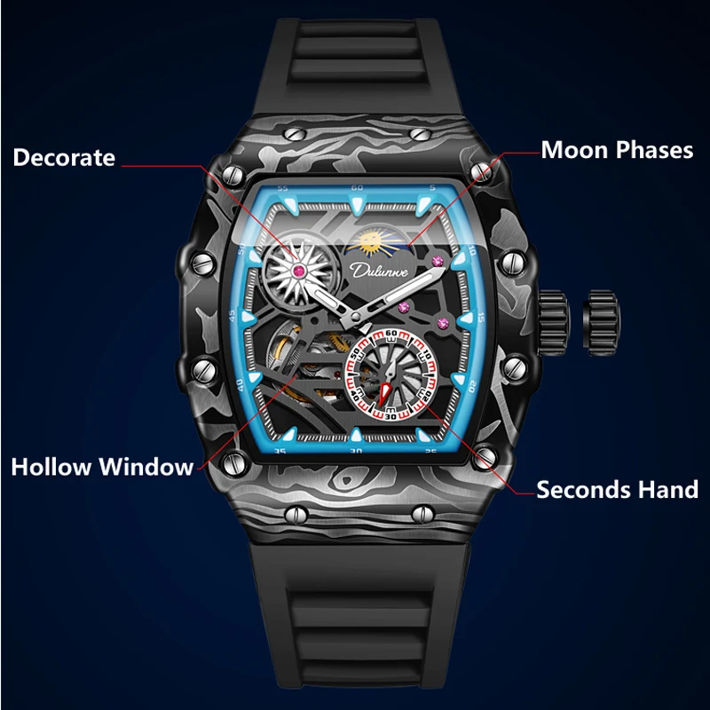 Watches For Men Fashion Automatic Mechanical Watch Mens Sports Luminous WristWatch Luxury Moon Phase Tonneau Clock Reloj Hombre