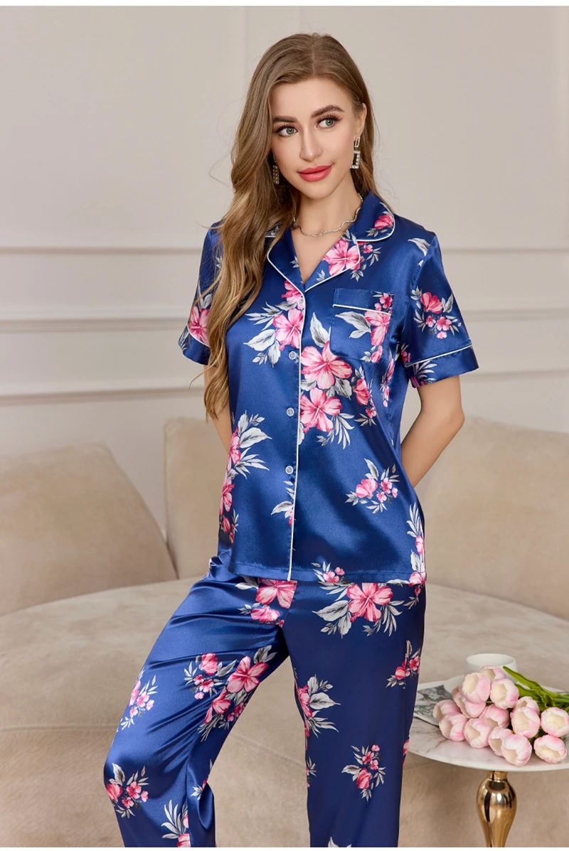 

Роскошный атласный пижамный комплект с цветочным принтом, женская шелковистая одежда для сна с короткими рукавами, нагрудным карманом и длинными брюками, уютная домашняя одежда, пижамы