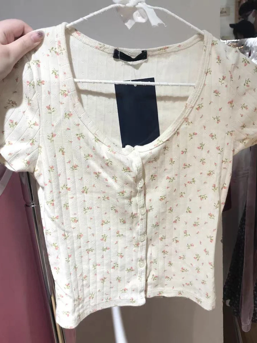 

Summer Floral Print Slim Crop Top Women O Neck Single Breasted Short Sleeve T-shirt Sweet Cute Eyelet Hollow Out Y2k Tee Shirts