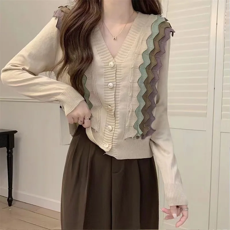 Fashion Sense of Design Patchwork Wave Edge Knitting Cardigan Personality Button Loose Coat Women Classic Long Sleeve V-neck Top