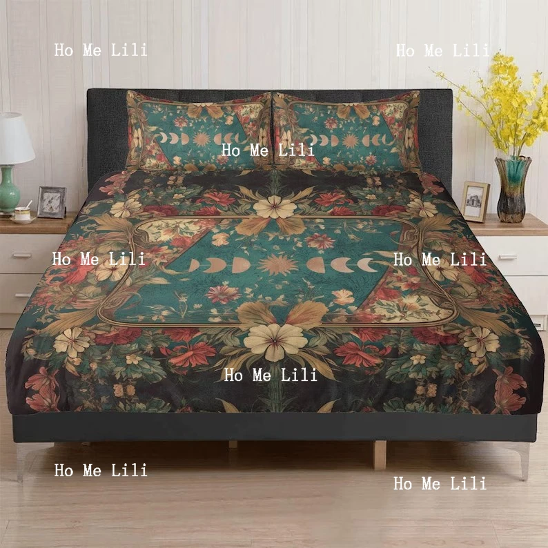

Teal Green Cottagecore Forest 3 Pcs Beddings Retro Witchy Floral Bedroom Decor Moon Phase Nature Duvet Cover Pillowcase Set