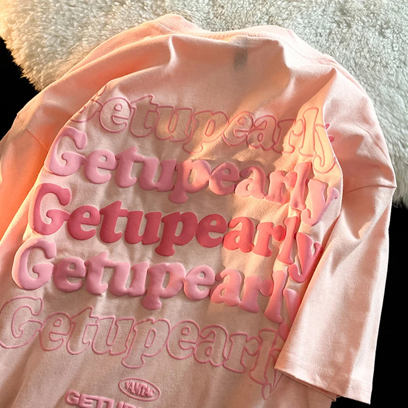 

Pure Cotton 2023 Summer New Gradient Foam Letter Design Sense Pink T-shirt Vintage High Street Couple Casual Top Graphic Tees