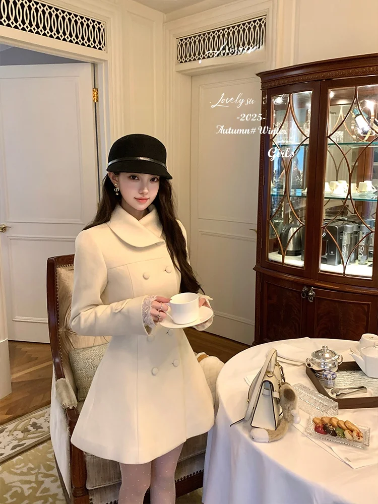 

Ele однотонный кукольный воротник с двойной пуговицей на талии, шерстяное пальто, юбка для женщин, зимняя модная милая юбка