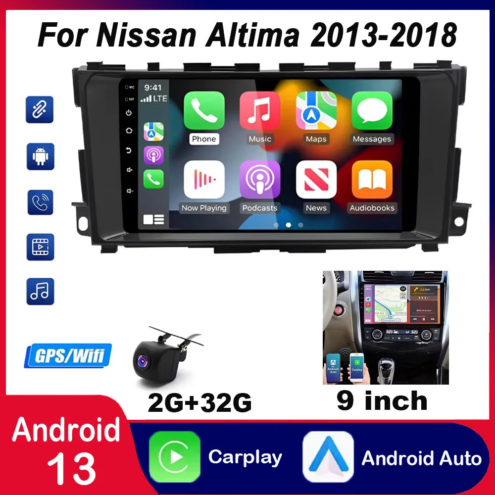

2 din Android 13.0 9Inch 2G +32GB wireless Carplay Car Stereo Radio GPS Navigation WIFI Compatible for nissan Altima 2013-2018