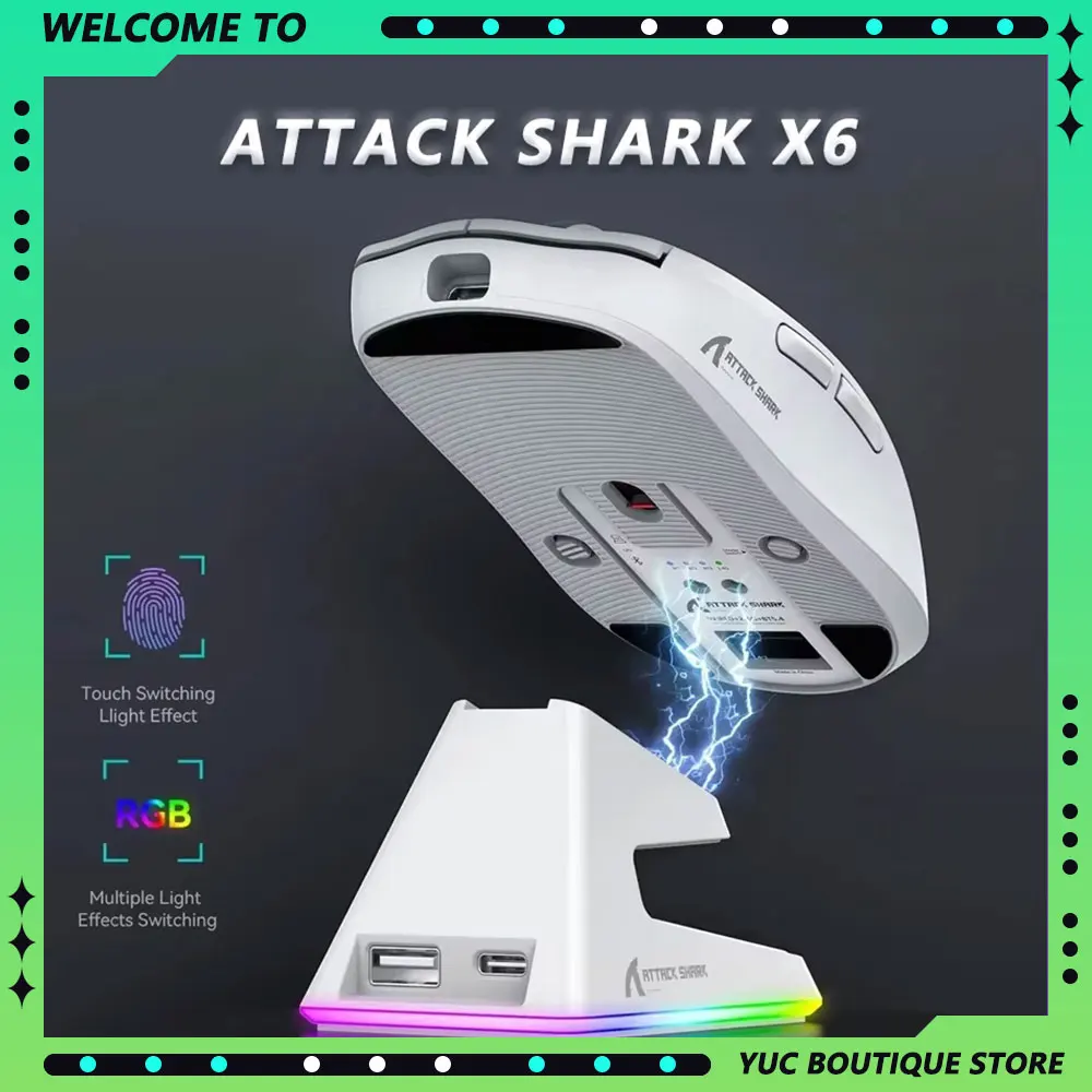 Attack Shark X6 Gaming Mouse PAW3395 Sensor Bluetooth Wireless 3Mode Gaming Mouse 2.4G Wireless RGB Touch Magnetic Charging Base