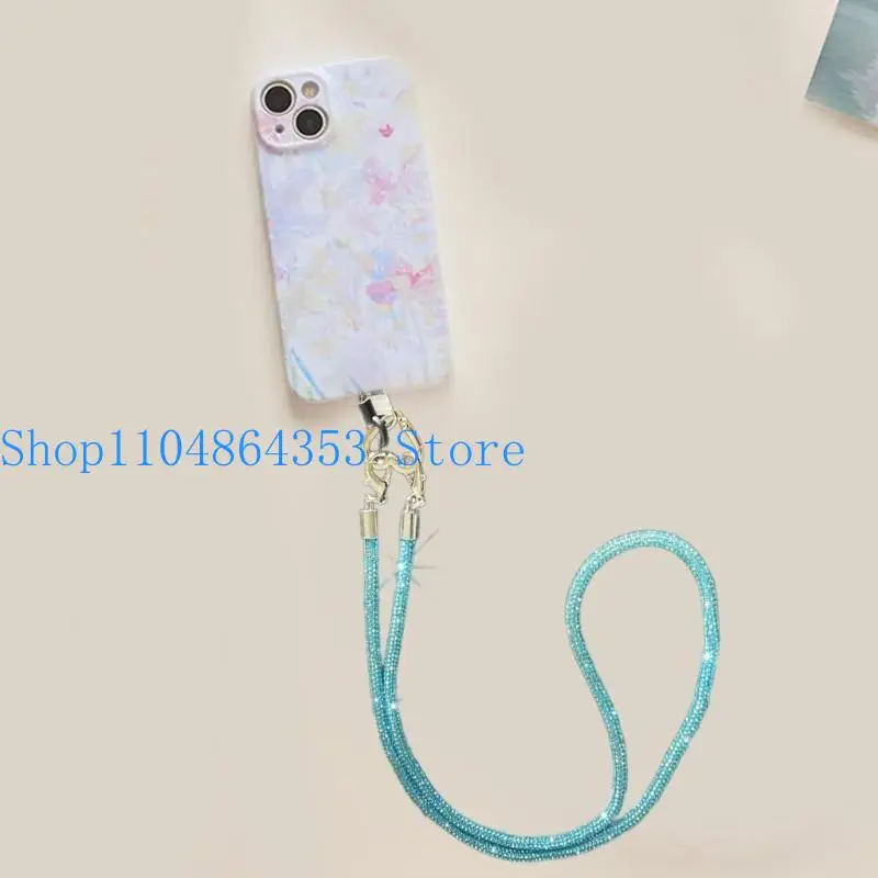 652F Trendy Rhinestones Phone Lanyard Secure Crossbody Cellphone Strap Metal Craftsmanship Keychain with Name Card Holder