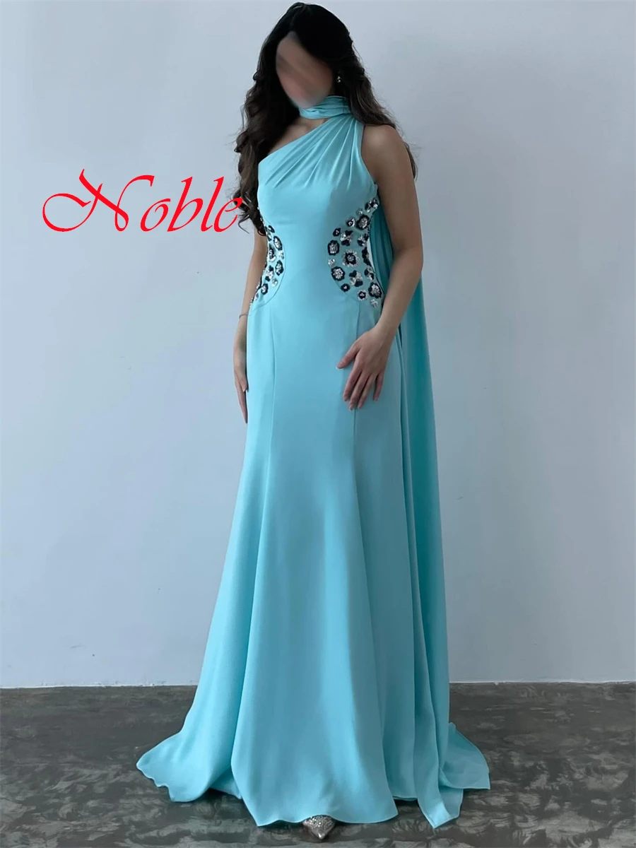 Customized Delicate Light Blue Jersey Evening Dress Graceful One Shoulder Ribbon Zipper Back Beading Flowers Homecoming Dress