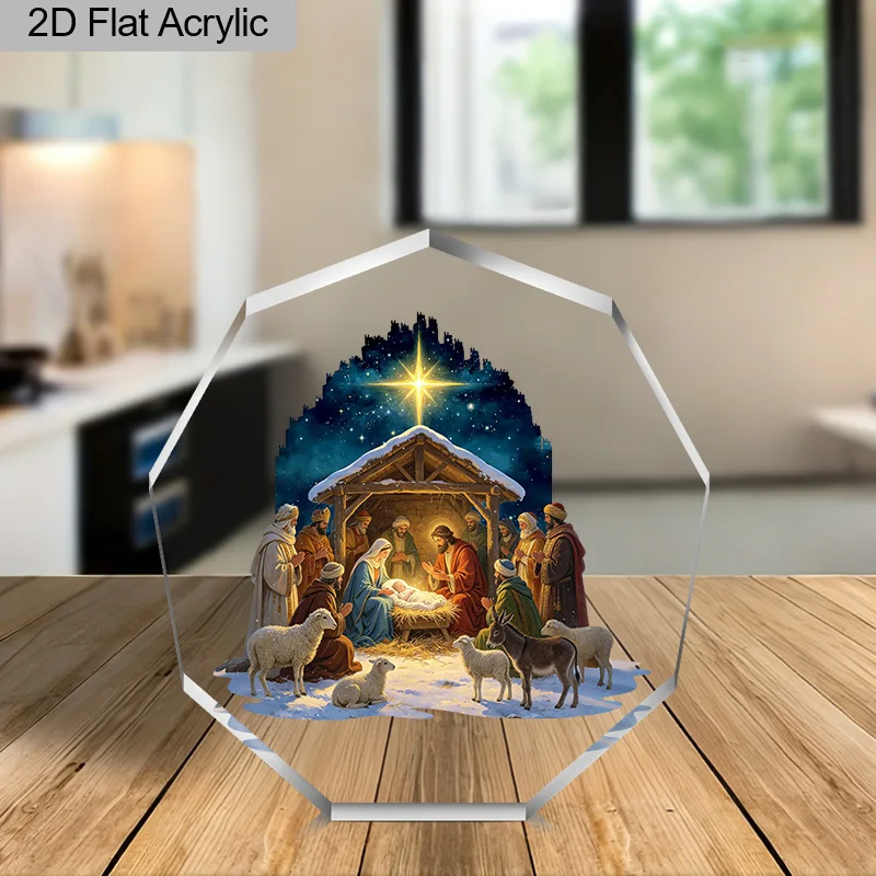 CIFBUY Acrylic Plaque 2D Flat Octagon Nativity Scene Tabletop Decor Religious Christian Manger Display Ornament Birthday Gift