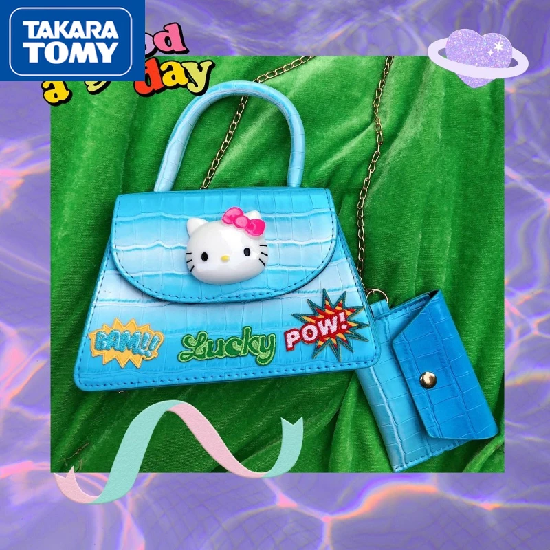 TAKARA TOMY Homemade Cute Girl Hello Kitty Gradient Light Blue PU Handbag High-sensitivity Magnetic Buckle Daily Diagonal Bag