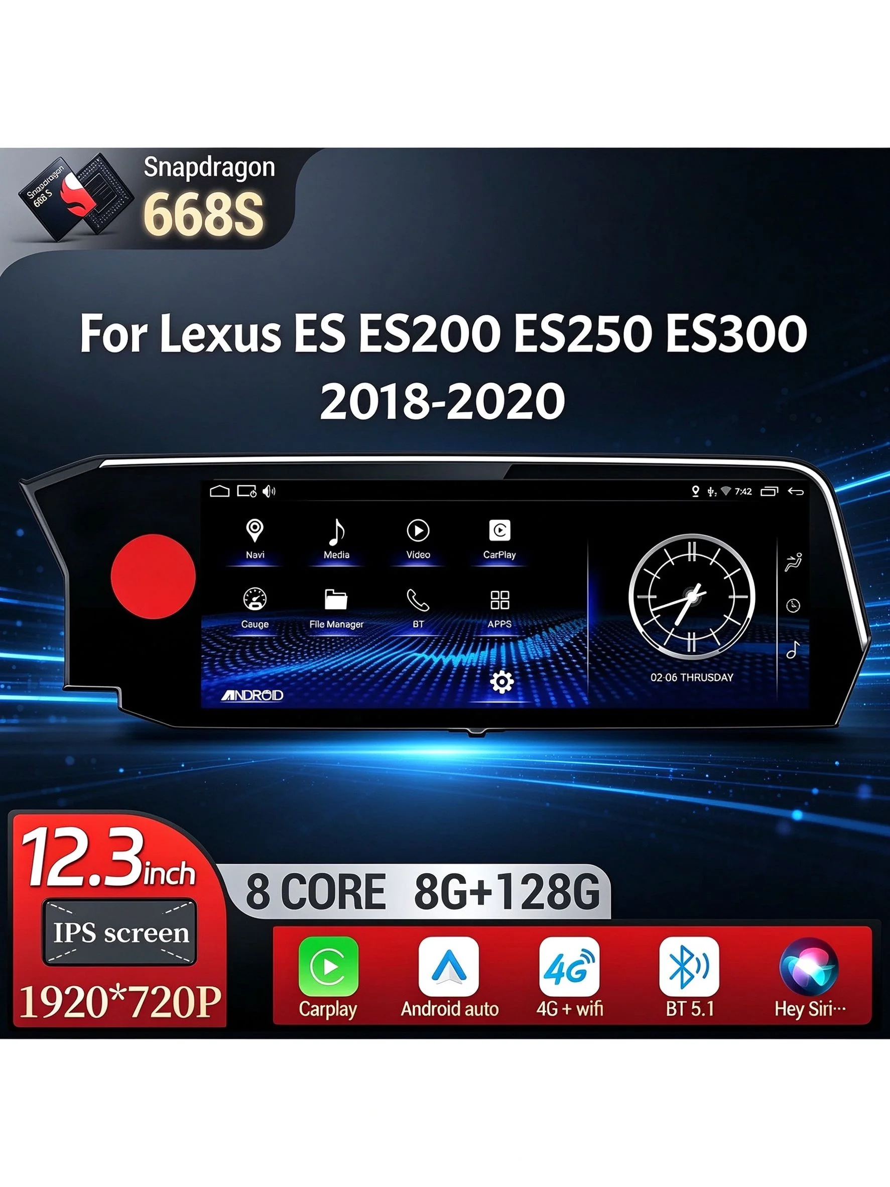 For Lexus ES ES200 12.3inch Android 14 Car Radio Multimedia BT Carplay Snapdragon 668S Head Unit Screen for Vehicle