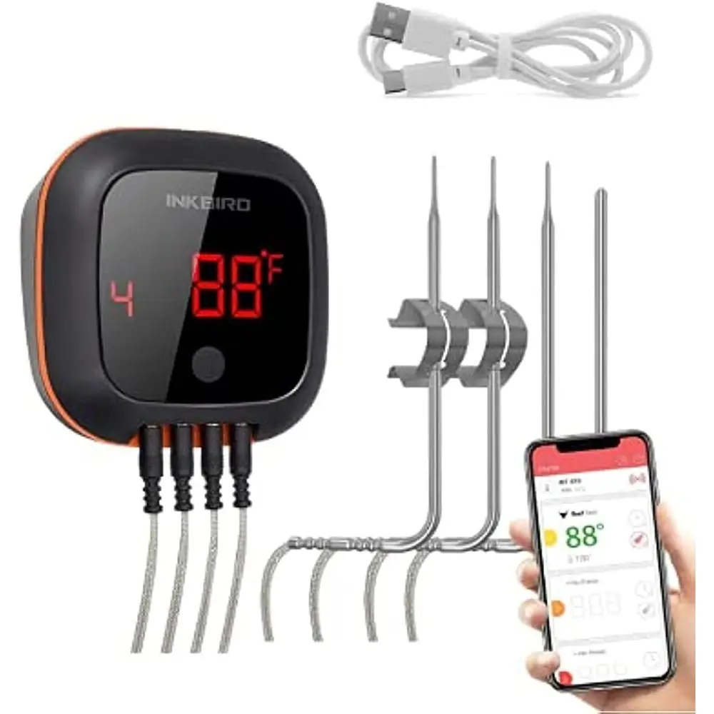 

Bluetooth Digital Wireless Meat Thermometer with 4 Probes, Timer, Alarm, 150°F Range, Barbecue Cooking Kitchen Food Meat Thermom