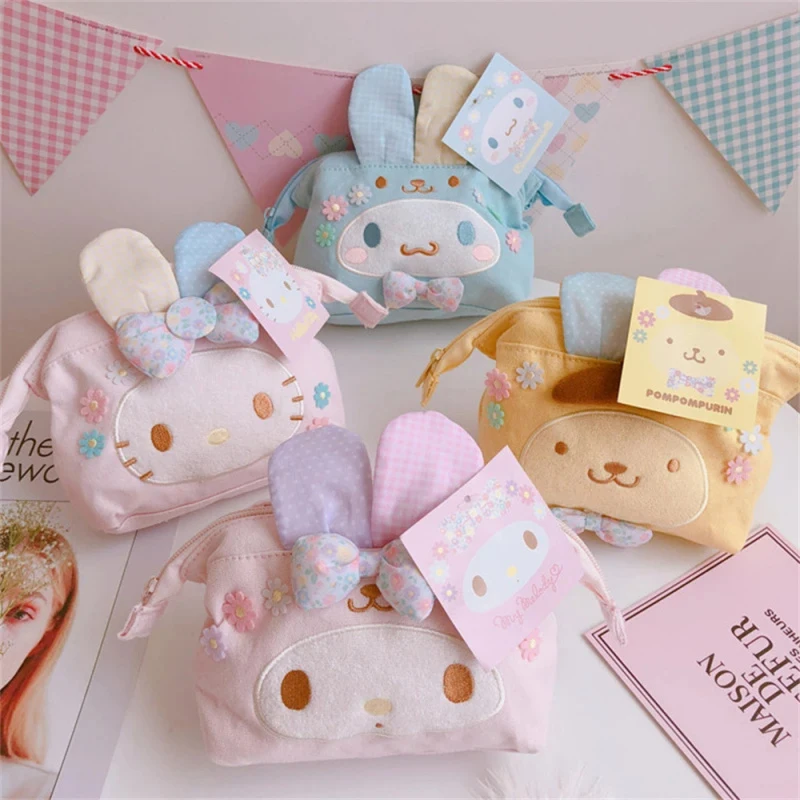 

New Cute Kt My Melody Pom Pom Purin Rabbit Ear Cinnamoroll Cartoon Makeup Bag Portable Toiletry Storage Pouch For Girls Students
