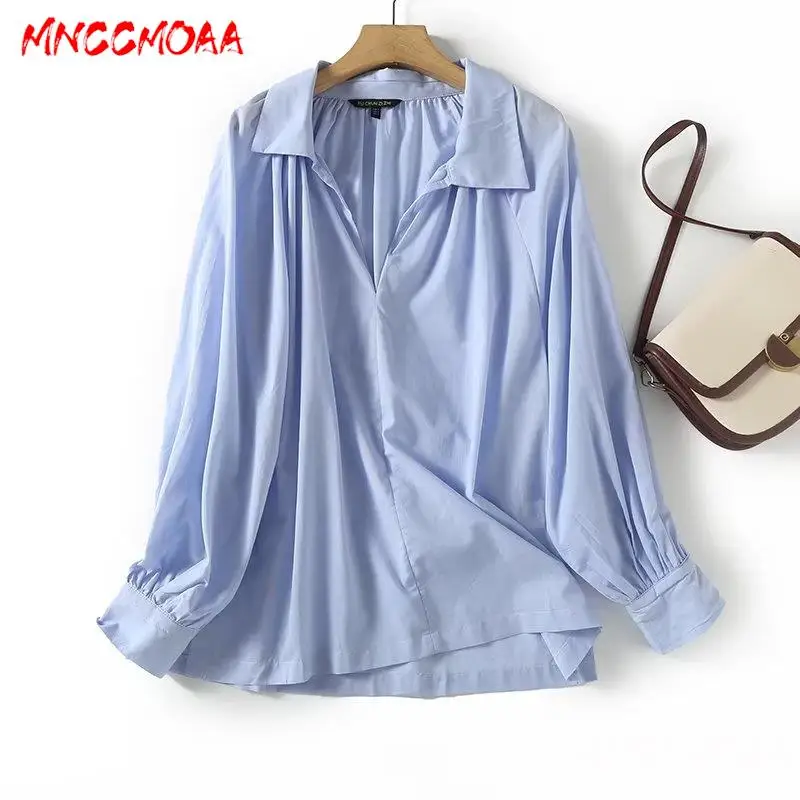 

MNCCMOAA-Women's Loose V-Neck Shirt, Casual Long Sleeve Blouse, Monochromatic Tops, Female Fashion, Spring, Summer, 2024