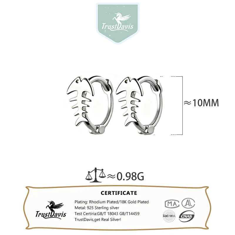 TrustDavis Real S925 Sterling Silver Fashion Fish Bones Glossy Simplicity Hoop Earring for Women Wedding Jewelry DA1990