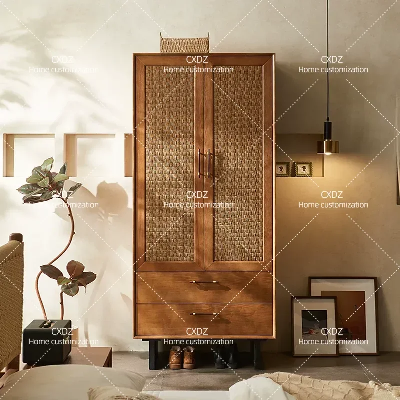 Medieval Style Solid Wood Rattan Wardrobe Wabi Sabi Retro Cabinet Double Door Coat Storage Locker for Bedroom Homestay