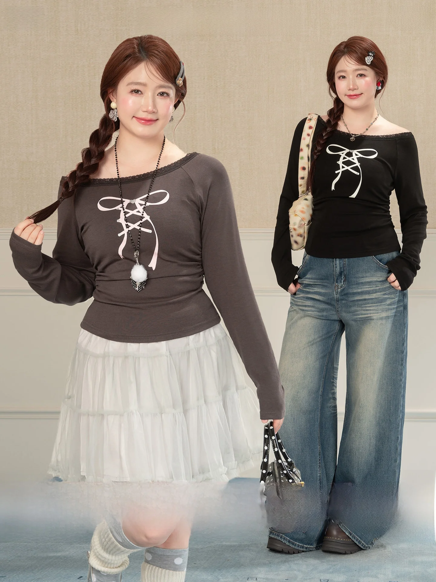 

Heynew plus Size Women's Vintage Grey Wide Collar Printed Long Sleeve T-Shirt Slimming Summer Top for Pear Shaped Ladies