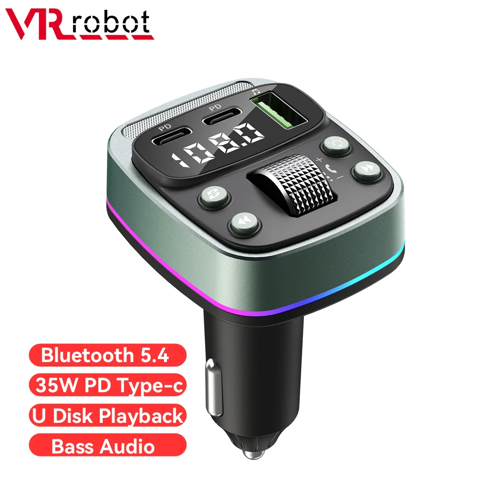 VR Robot Bluetooth 5.4 Car FM Transmitter Wireless U Disk Music MP3 Player Adapter Bass Audio Dual 35W PD Type-c Fast Charging