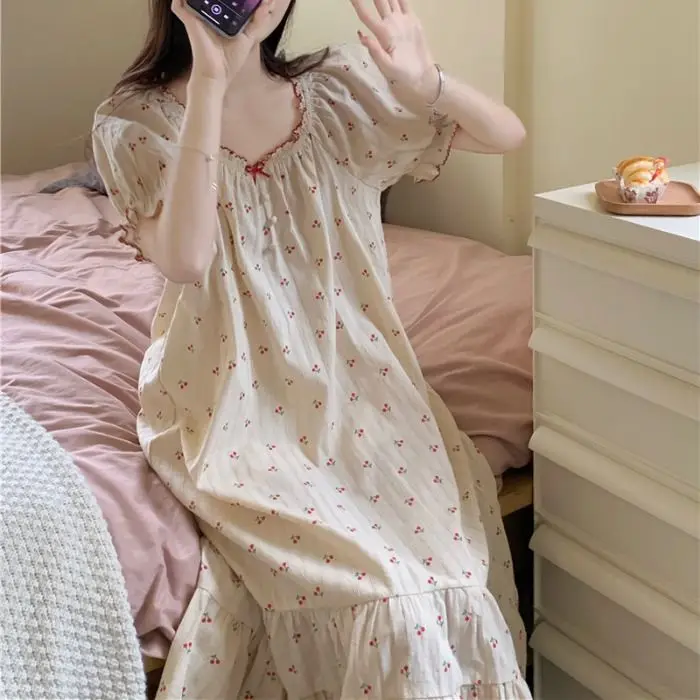 Summer Sweet Cherry Print Women Pajamas Set Lovely Puffles Sleeves Sleep dress Home Suits Comfortable Cozy Girls Loungewear 4XL