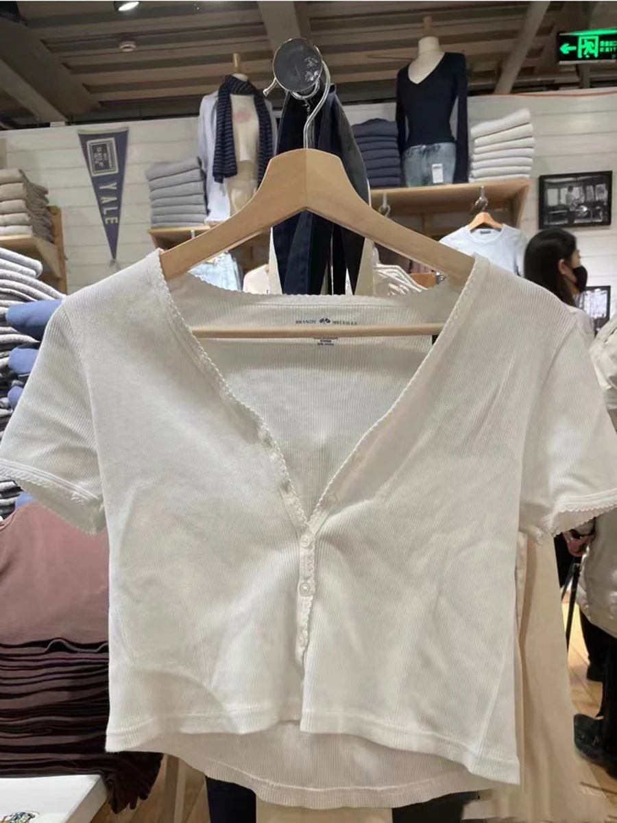 White lace button  T-Shirts 2023 Summer V Collar  Ribbed Cotton Slim T ShirtCotton Casual Blouse Top Femme Sweet Cute y2k Tops