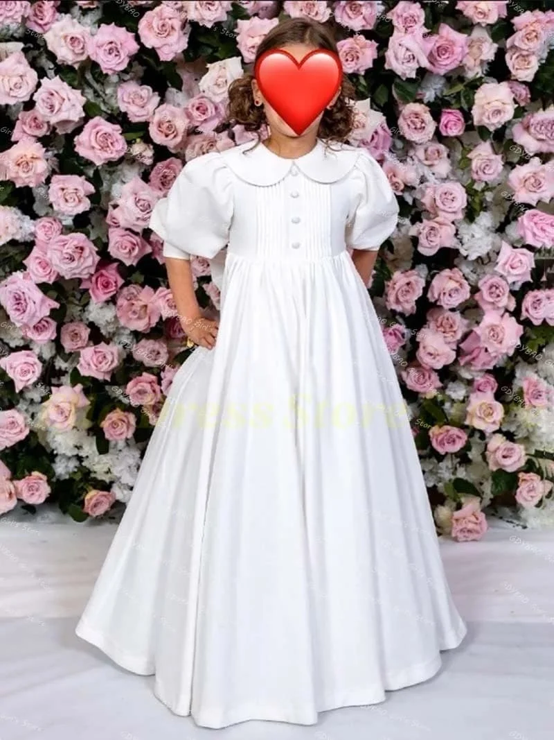 Maßgeschneidertes Mädchenkleid in Rosenrosa, Elegantes Ballkleid mit Puffärmeln und Schleife für Hochzeitszeremonien, Abendkleid, Formell, Maßanfertigung – Detail 4