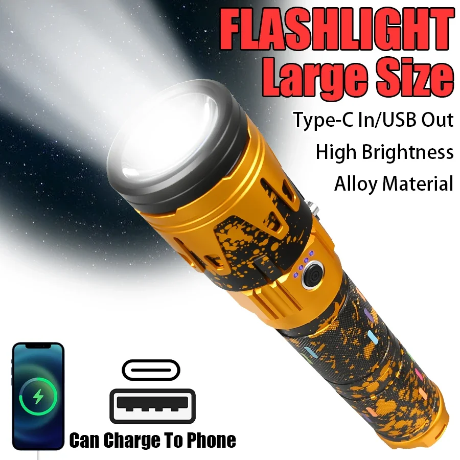 Powerful LED Flashlight Super Bright Spotlight Power Display Long Range Zoomable Torch Outdoor Emergency Tactical Search Lantern